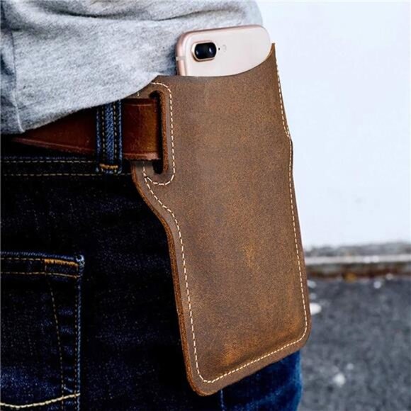 Leather Cell Phone Holster Universal Case Waist Bag Sheath with Belt Loop Brown - Picture 6 of 8